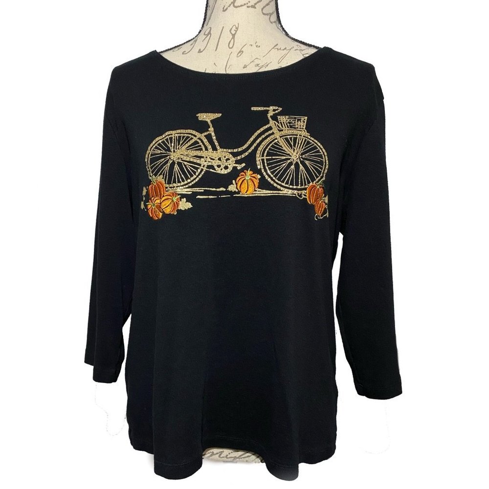Karen Scott 3/4 sleeve Embroidered Pumpkin Ride top Size  XL Black 100% Cotton